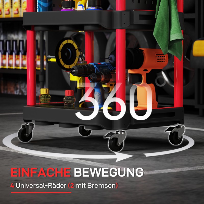 Työkalukärry 3 hyllyä muovia 4 pyörää 10 koukkua musta/punainen