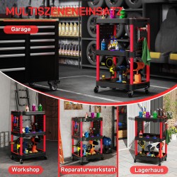 Työkalukärry 3 hyllyä muovia 4 pyörää 10 koukkua musta/punainen