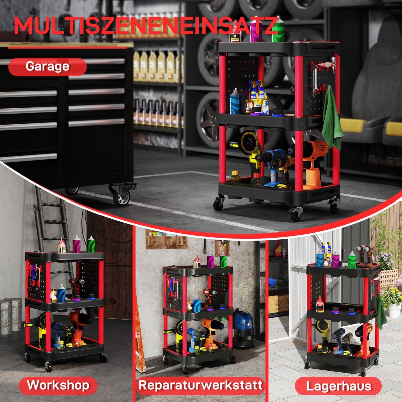 Työkalukärry 3 hyllyä muovia 4 pyörää 10 koukkua musta/punainen