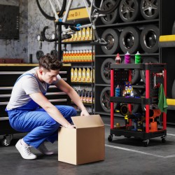 Työkalukärry 3 hyllyä muovia 4 pyörää 10 koukkua musta/punainen