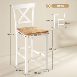 Baarituolisetti keittiöön 2 kpl, kumipuu, istuinkorkeus 60 cm, tammi/valkoinen