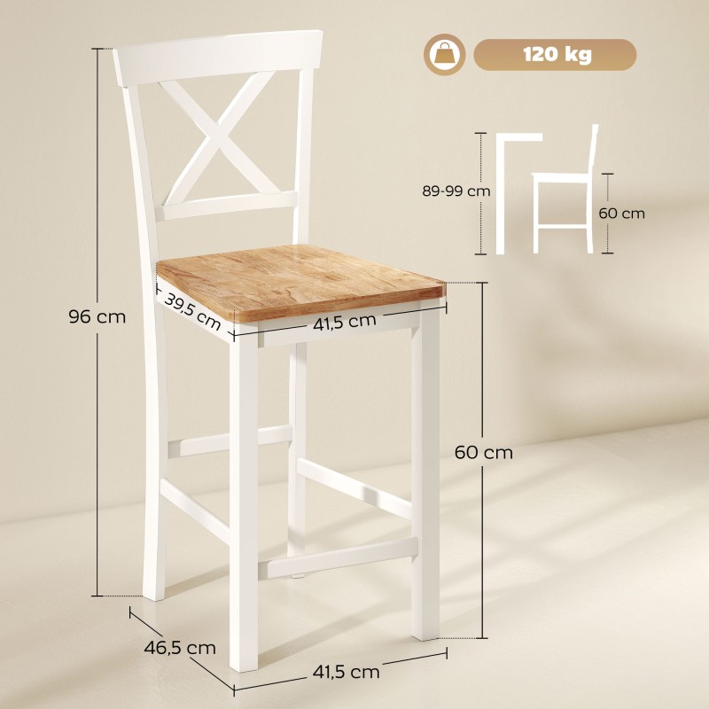 Baarituolisetti keittiöön 2 kpl, kumipuu, istuinkorkeus 60 cm, tammi/valkoinen