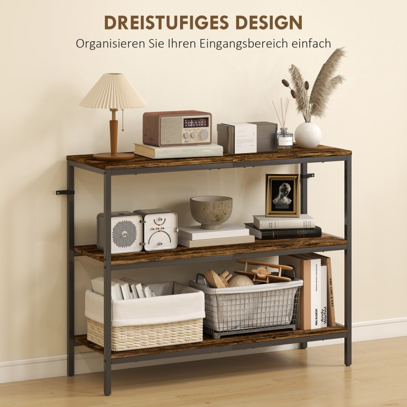 Konsolipöytä eteiseen, 3-tasoinen hylly, lastulevy ja metalli, 101x35x80 cm, rustiikki ruskea/musta