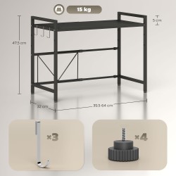 Mikroaaltouunihylly keittiöön, säädettävä metalli 39,5–64 cm, 40 cm korkeus, musta
