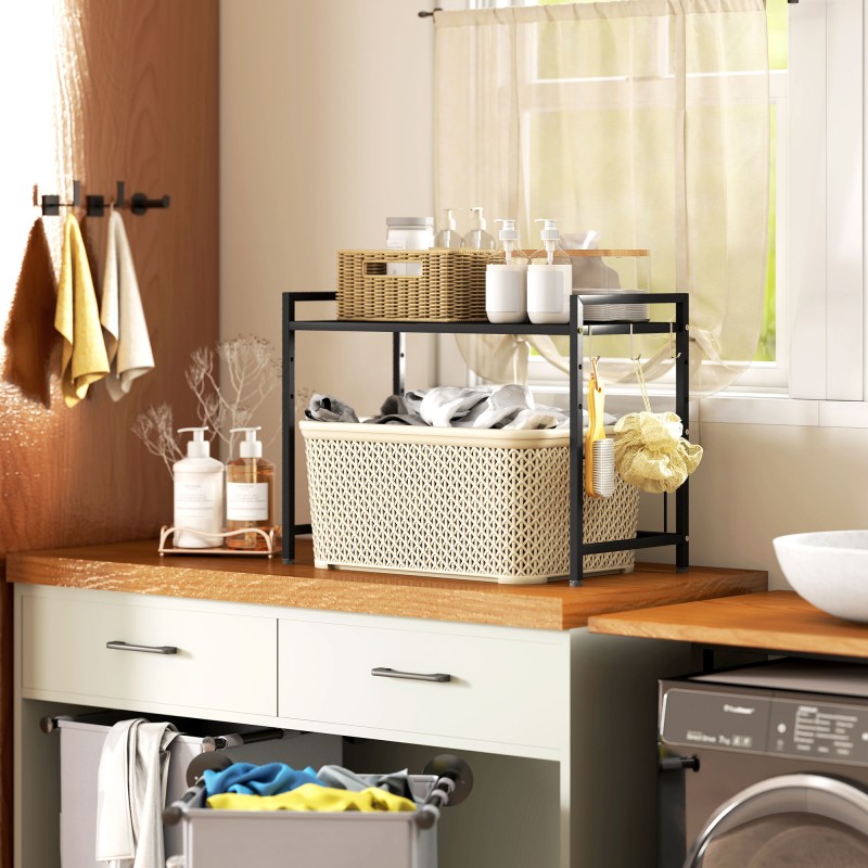 Mikroaaltouunihylly keittiöön, säädettävä metalli 39,5–64 cm, 40 cm korkeus, musta