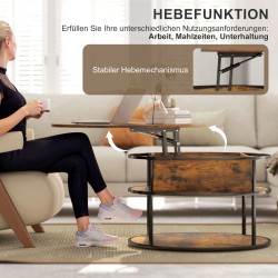 Pyöreä sohvapöytä nostettavalla kannella ja säilytystilalla, lastulevy ja teräs, Ø80 cm, ruskea