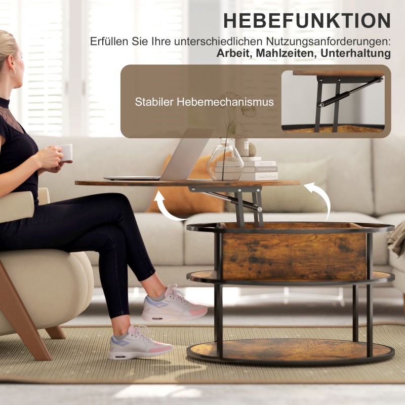 Pyöreä sohvapöytä nostettavalla kannella ja säilytystilalla, lastulevy ja teräs, Ø80 cm, ruskea