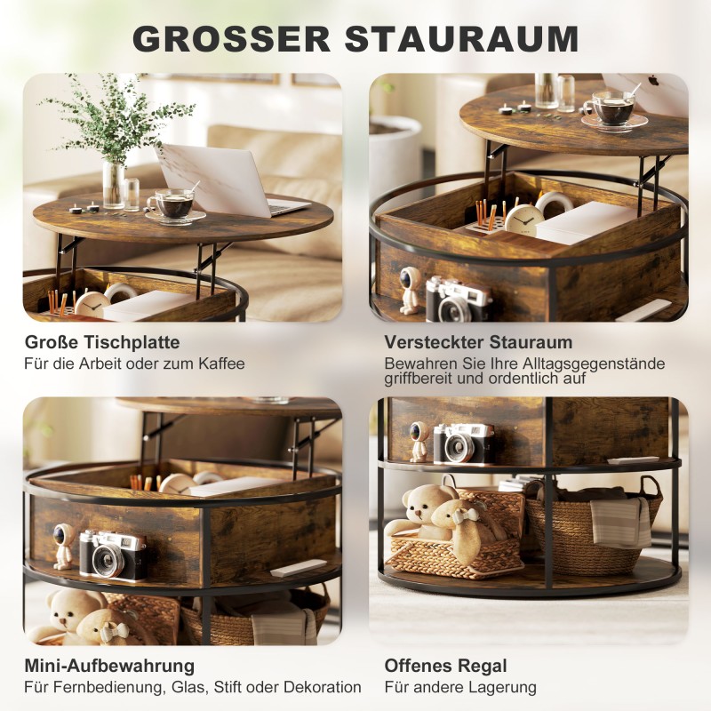 Pyöreä sohvapöytä nostettavalla kannella ja säilytystilalla, lastulevy ja teräs, Ø80 cm, ruskea