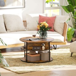 Pyöreä sohvapöytä nostettavalla kannella ja säilytystilalla, lastulevy ja teräs, Ø80 cm, ruskea