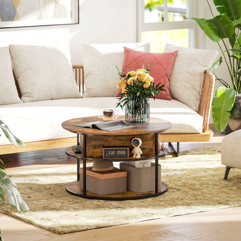 Pyöreä sohvapöytä nostettavalla kannella ja säilytystilalla, lastulevy ja teräs, Ø80 cm, ruskea