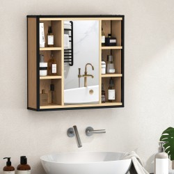 Kylpyhuoneen seinään asennettava peilikaappi, 6 avointa hyllyä, 3-tasoinen kaappi, tammen sävy / musta