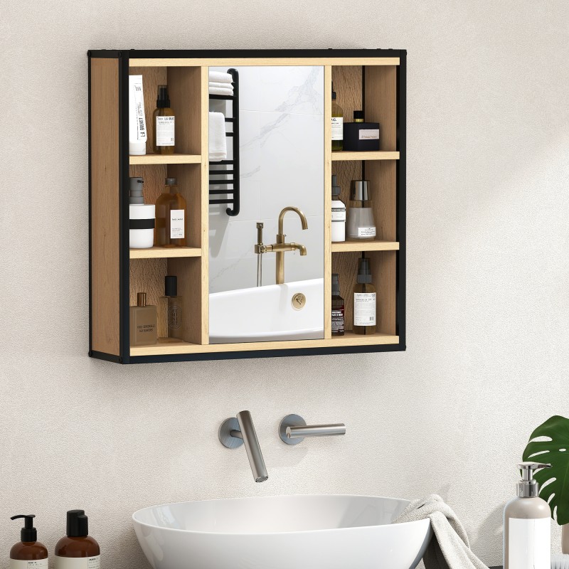 Kylpyhuoneen seinään asennettava peilikaappi, 6 avointa hyllyä, 3-tasoinen kaappi, tammen sävy / musta