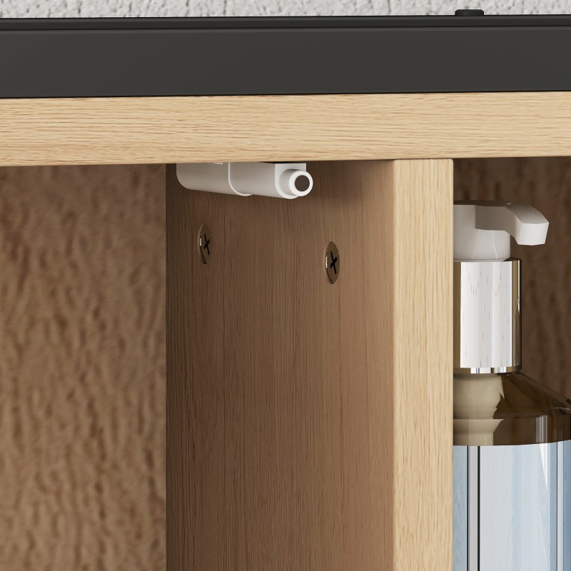 Kylpyhuoneen seinään asennettava peilikaappi, 6 avointa hyllyä, 3-tasoinen kaappi, tammen sävy / musta