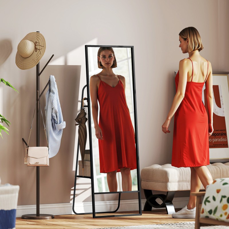 Kokovartalopeili makuuhuoneeseen, metallirunko, hylly ja koukut, 157 x 50 cm, musta