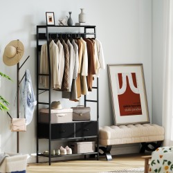 Naulakko ja kenkähylly eteiseen, teräsrunko, 2 kangaslaatikkoa, 8 koukkua, 80x30x180,5 cm, musta