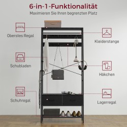 Naulakko ja kenkähylly eteiseen, teräsrunko, 2 kangaslaatikkoa, 8 koukkua, 80x30x180,5 cm, musta