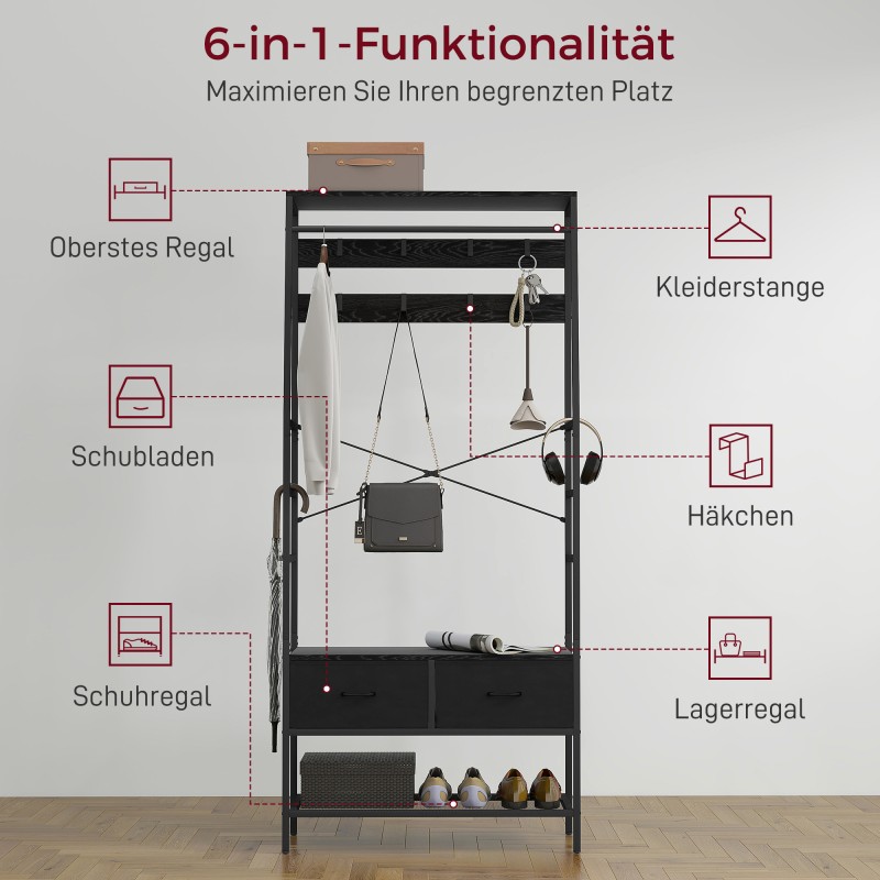 Naulakko ja kenkähylly eteiseen, teräsrunko, 2 kangaslaatikkoa, 8 koukkua, 80x30x180,5 cm, musta