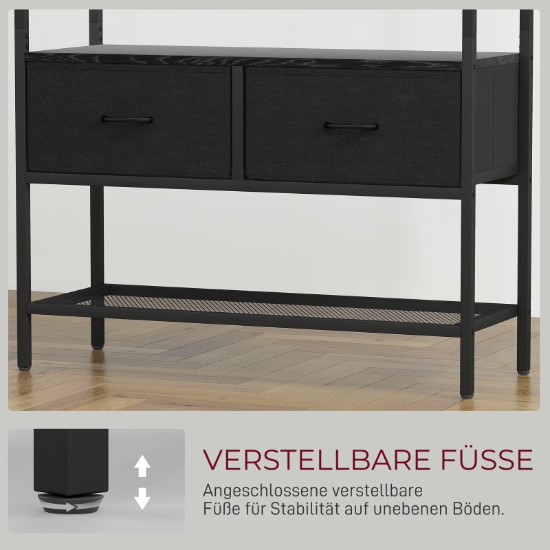 Naulakko ja kenkähylly eteiseen, teräsrunko, 2 kangaslaatikkoa, 8 koukkua, 80x30x180,5 cm, musta