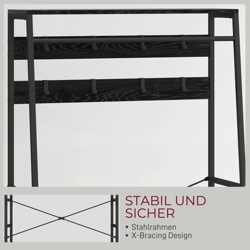 Naulakko ja kenkähylly eteiseen, teräsrunko, 2 kangaslaatikkoa, 8 koukkua, 80x30x180,5 cm, musta