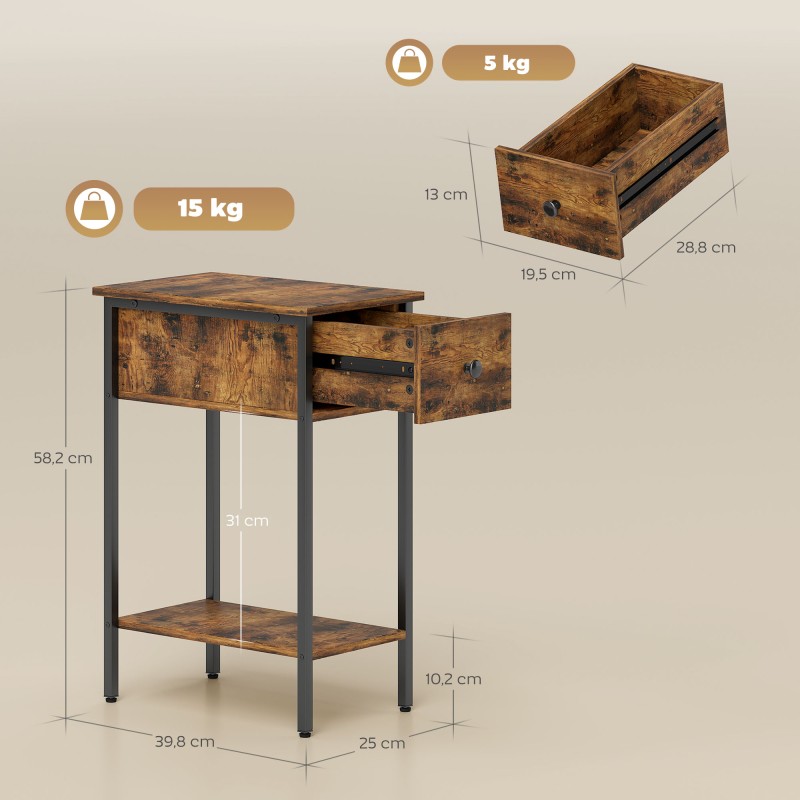 Sivupöytä yöpöytä laatikolla ja avoimella hyllyllä, lastulevy ja metalli, 25 x 39,8 x 58,2 cm, ruskea/musta