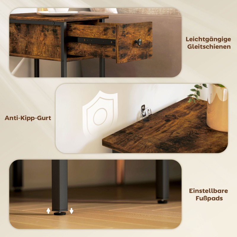 Sivupöytä yöpöytä laatikolla ja avoimella hyllyllä, lastulevy ja metalli, 25 x 39,8 x 58,2 cm, ruskea/musta