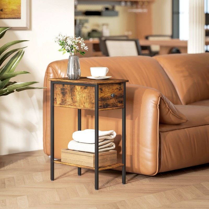 Sivupöytä yöpöytä laatikolla ja avoimella hyllyllä, lastulevy ja metalli, 25 x 39,8 x 58,2 cm, ruskea/musta