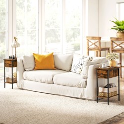 Sivupöytä yöpöytä laatikolla ja avoimella hyllyllä, lastulevy ja metalli, 25 x 39,8 x 58,2 cm, ruskea/musta