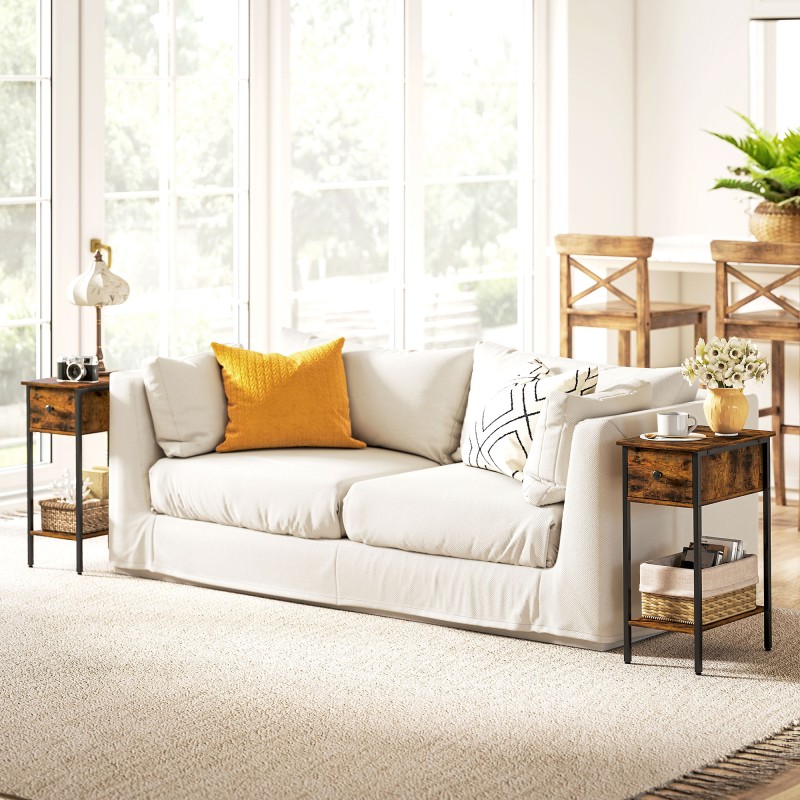 Sivupöytä yöpöytä laatikolla ja avoimella hyllyllä, lastulevy ja metalli, 25 x 39,8 x 58,2 cm, ruskea/musta