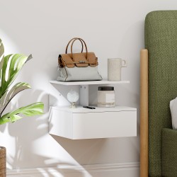 Seinälle kiinnitettävä yöpöytä laatikolla ja avoimella hyllyllä, lastulevy, 39,8 x 35 x 31,6 cm, valkoinen