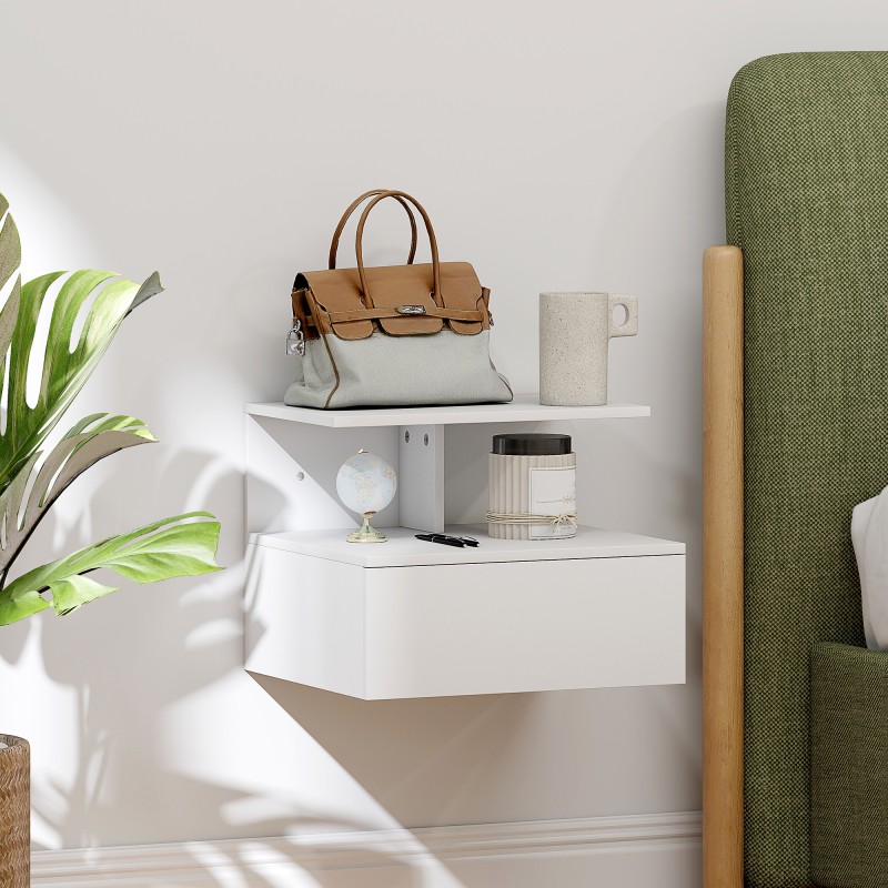 Seinälle kiinnitettävä yöpöytä laatikolla ja avoimella hyllyllä, lastulevy, 39,8 x 35 x 31,6 cm, valkoinen