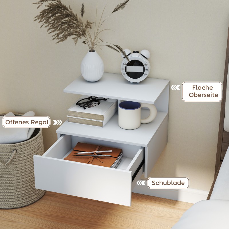 Seinälle kiinnitettävä yöpöytä laatikolla ja avoimella hyllyllä, lastulevy, 39,8 x 35 x 31,6 cm, valkoinen