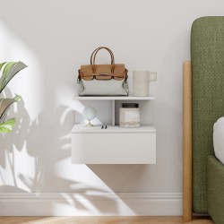 Seinälle kiinnitettävä yöpöytä laatikolla ja avoimella hyllyllä, lastulevy, 39,8 x 35 x 31,6 cm, valkoinen