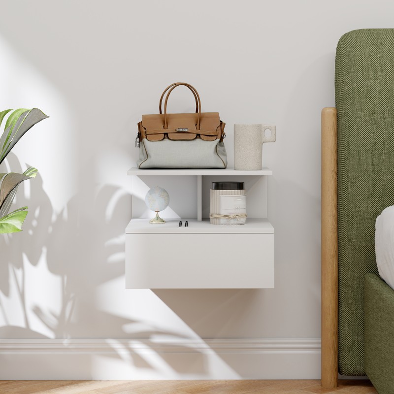 Seinälle kiinnitettävä yöpöytä laatikolla ja avoimella hyllyllä, lastulevy, 39,8 x 35 x 31,6 cm, valkoinen