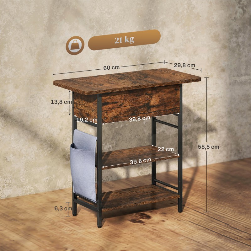 Yöpöytä sivupöytä pistorasioilla ja USB/USB-C-liitännöillä, 2 tasoa, säilytyslokero, 60 x 29,8 x 58,5 cm, rustiikin ruskea