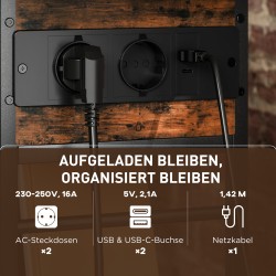 Yöpöytä sivupöytä pistorasioilla ja USB/USB-C-liitännöillä, 2 tasoa, säilytyslokero, 60 x 29,8 x 58,5 cm, rustiikin ruskea