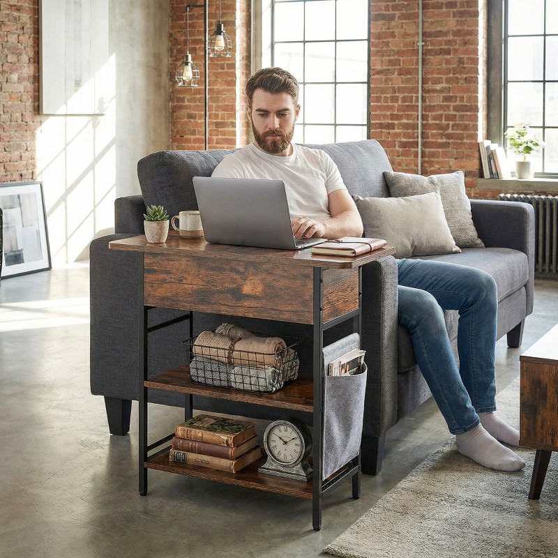 Yöpöytä sivupöytä pistorasioilla ja USB/USB-C-liitännöillä, 2 tasoa, säilytyslokero, 60 x 29,8 x 58,5 cm, rustiikin ruskea