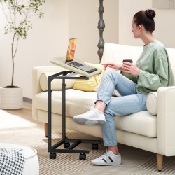 Korkeussäädettävä C-muotoinen sivupöytä / työpöytä / yöpöytä, kallistettava taso, pyörillä, tammi/musta