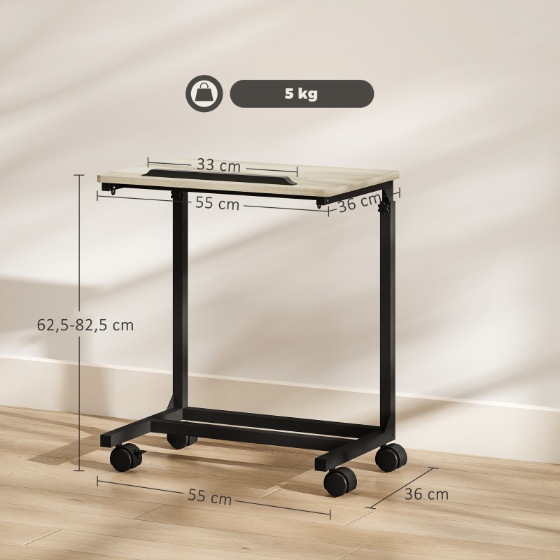 Korkeussäädettävä C-muotoinen sivupöytä / työpöytä / yöpöytä, kallistettava taso, pyörillä, tammi/musta