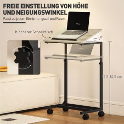 Korkeussäädettävä C-muotoinen sivupöytä / työpöytä / yöpöytä, kallistettava taso, pyörillä, tammi/musta