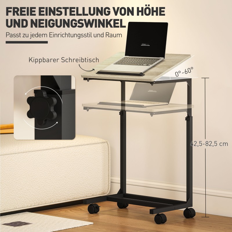 Korkeussäädettävä C-muotoinen sivupöytä / työpöytä / yöpöytä, kallistettava taso, pyörillä, tammi/musta