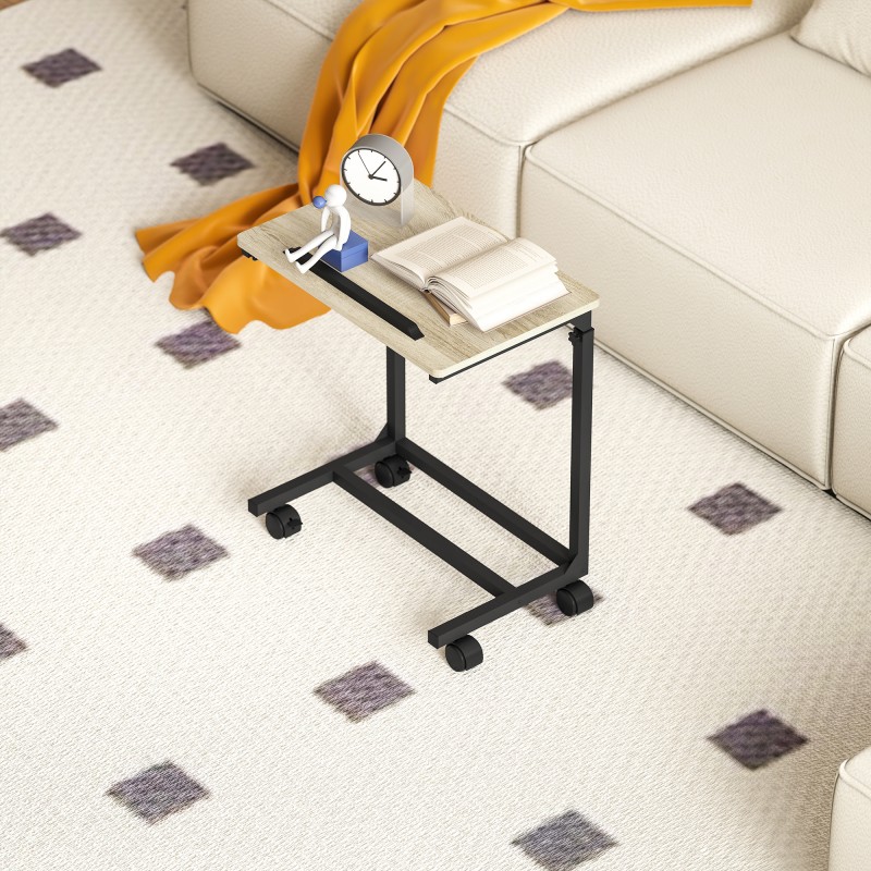 Korkeussäädettävä C-muotoinen sivupöytä / työpöytä / yöpöytä, kallistettava taso, pyörillä, tammi/musta