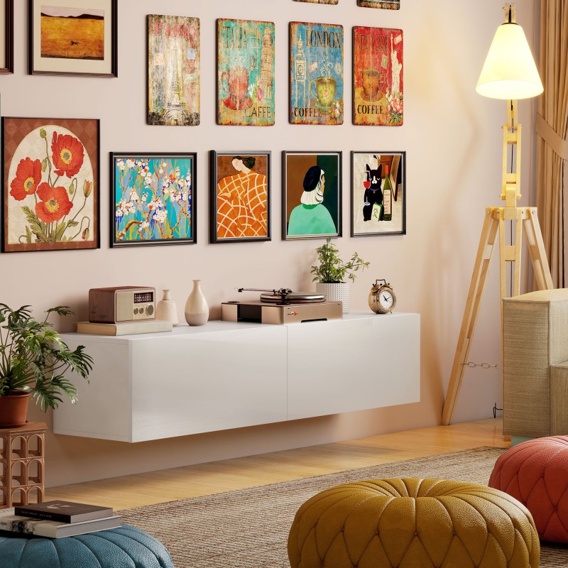 Seinälle kiinnitettävä tv-taso olohuoneeseen, lastulevyä, 140 cm, valkoinen