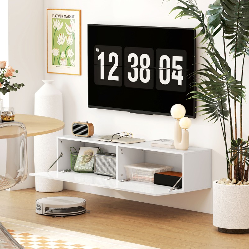 Seinälle kiinnitettävä tv-taso olohuoneeseen, lastulevyä, 140 cm, valkoinen