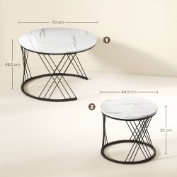 Sohvapöytäsarja olohuoneeseen 2 kpl, marmorikuvio, lastulevy ja metalli, pyöreä, valkoinen