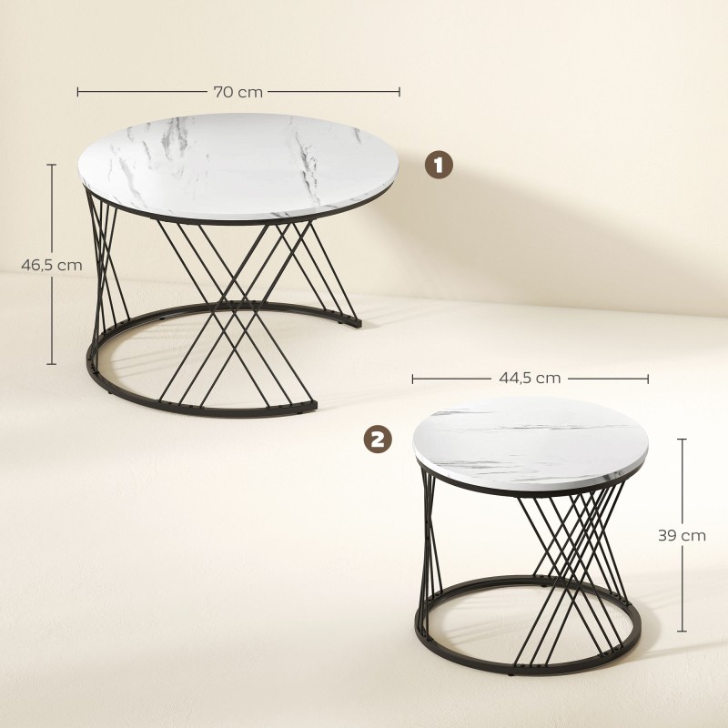 Sohvapöytäsarja olohuoneeseen 2 kpl, marmorikuvio, lastulevy ja metalli, pyöreä, valkoinen