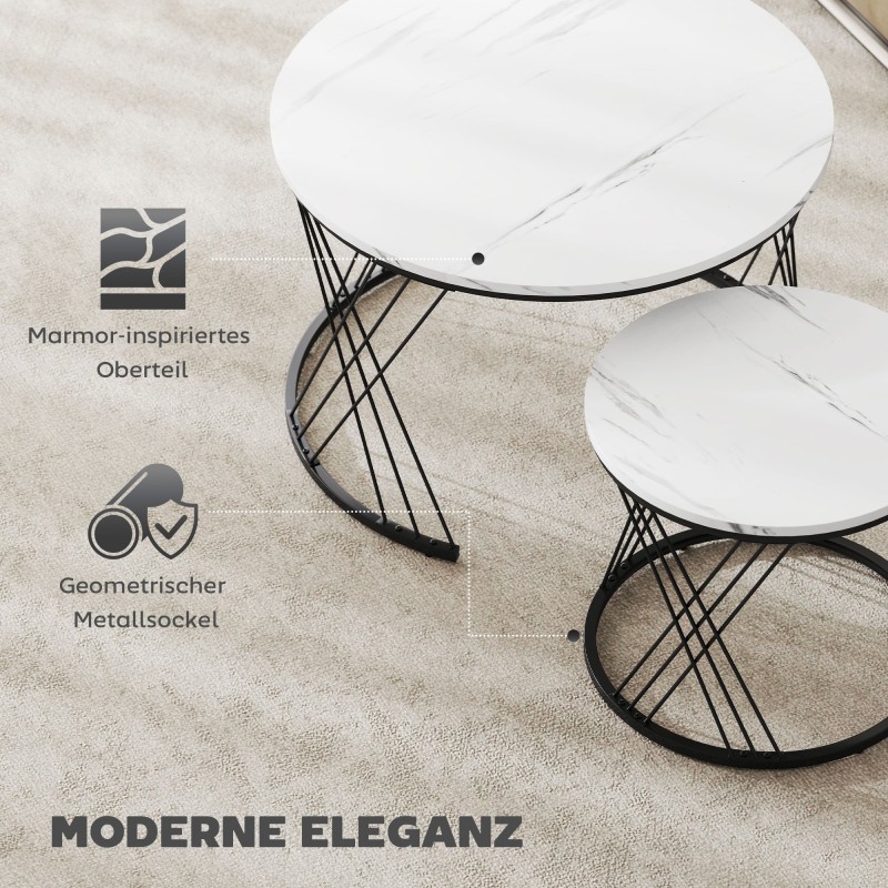 Sohvapöytäsarja olohuoneeseen 2 kpl, marmorikuvio, lastulevy ja metalli, pyöreä, valkoinen