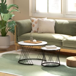 Sohvapöytäsarja olohuoneeseen 2 kpl, marmorikuvio, lastulevy ja metalli, pyöreä, valkoinen