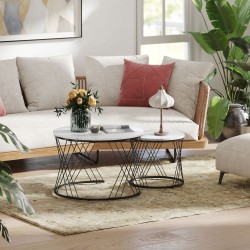 Sohvapöytäsarja olohuoneeseen 2 kpl, marmorikuvio, lastulevy ja metalli, pyöreä, valkoinen