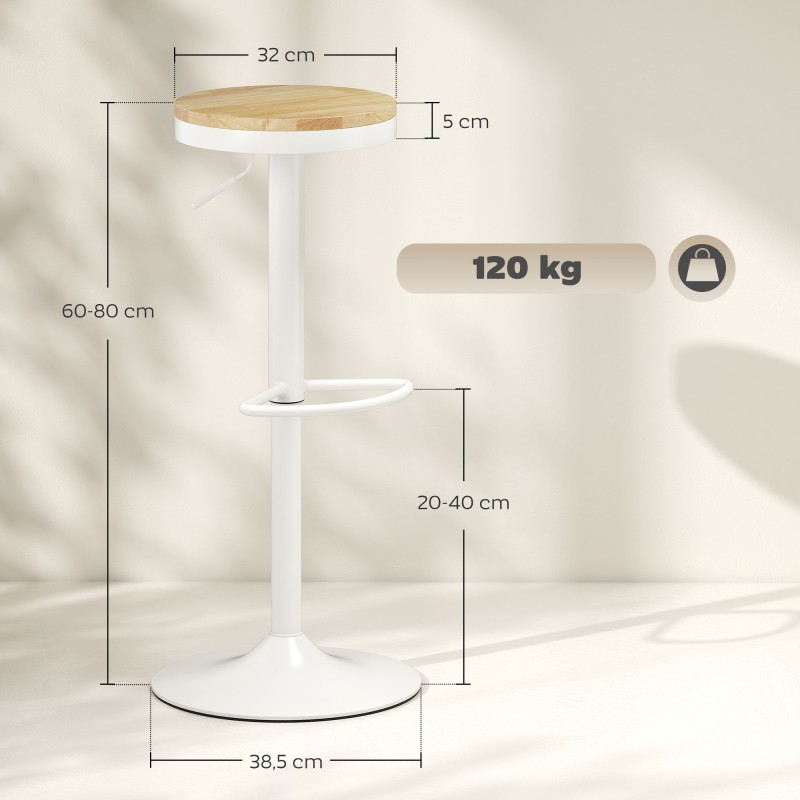 Baarituoli 2 kpl, säädettävä 60–80 cm, 360° kääntyvä, massiivipuu ja teräs, luonnonpuu/valkoinen