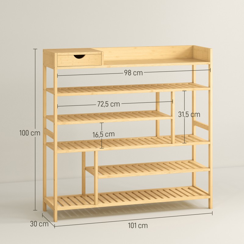 Kenkähylly laatikolla bambua 6 tasoa 18 parille 101 x 30 x 100 cm luonnollinen